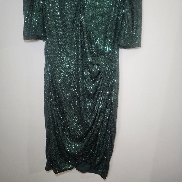 Calvin Klein Green Sequin V-Neck Midi Sheath Dress 3/4 Sleeve Size 14 - Picture 6 of 14
